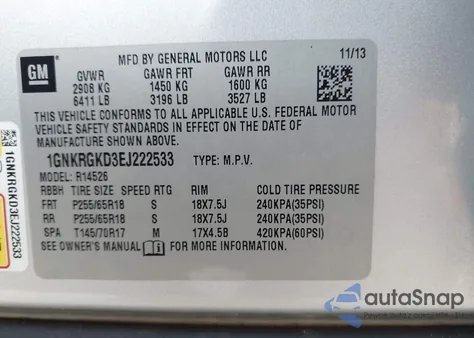 2014 Chevrolet Traverse 1Lt from USA, damaged, VIN 1GNKRGKD3EJ222533